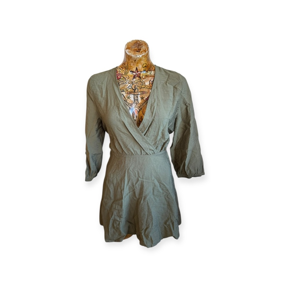 MNG olive green wrap mini dress attached waistband tie XS new